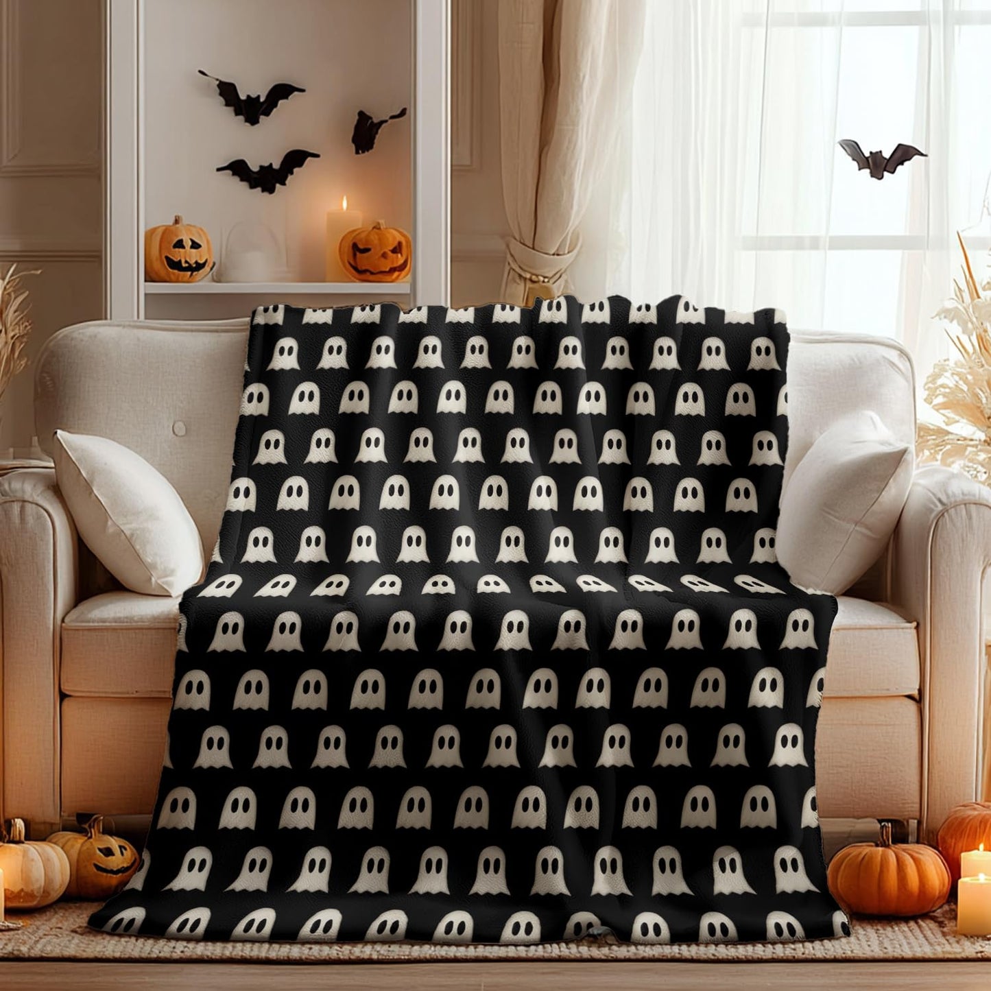 Horaldaily Halloween Flannel Blanket Throw, Cute Ghost Black Soft Fuzzy Plush Cozy Fleece Blankets for Couch Sofa Bed Lounging, Ideal Gifts for Kids Adults Wife Self, 50x60