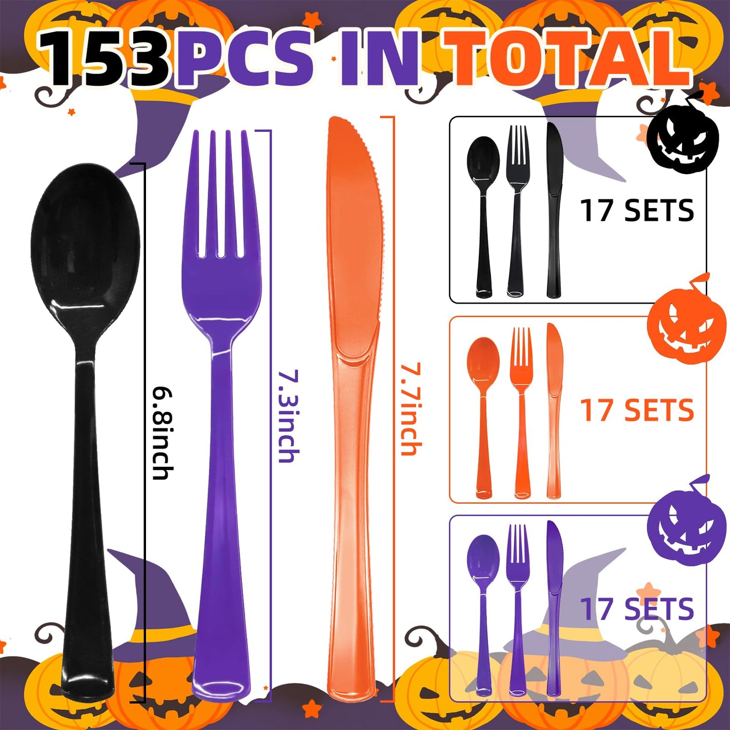 153 Pcs Halloween Plastic Silverware Heavy Duty Disposable Tableware Sets Includes Spoons Forks Knives for Halloween Party Supplies (Black Orange Purple)