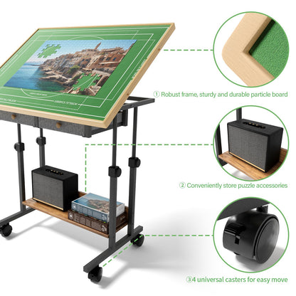 CODACE 1500 Piece Jigsaw Puzzle Table with Legs, Adjustable 5-Tilting-Angle Puzzle Board with 6 Drawers & Cover, 35"x 26" Wooden Board with 4 Wheels for Adults