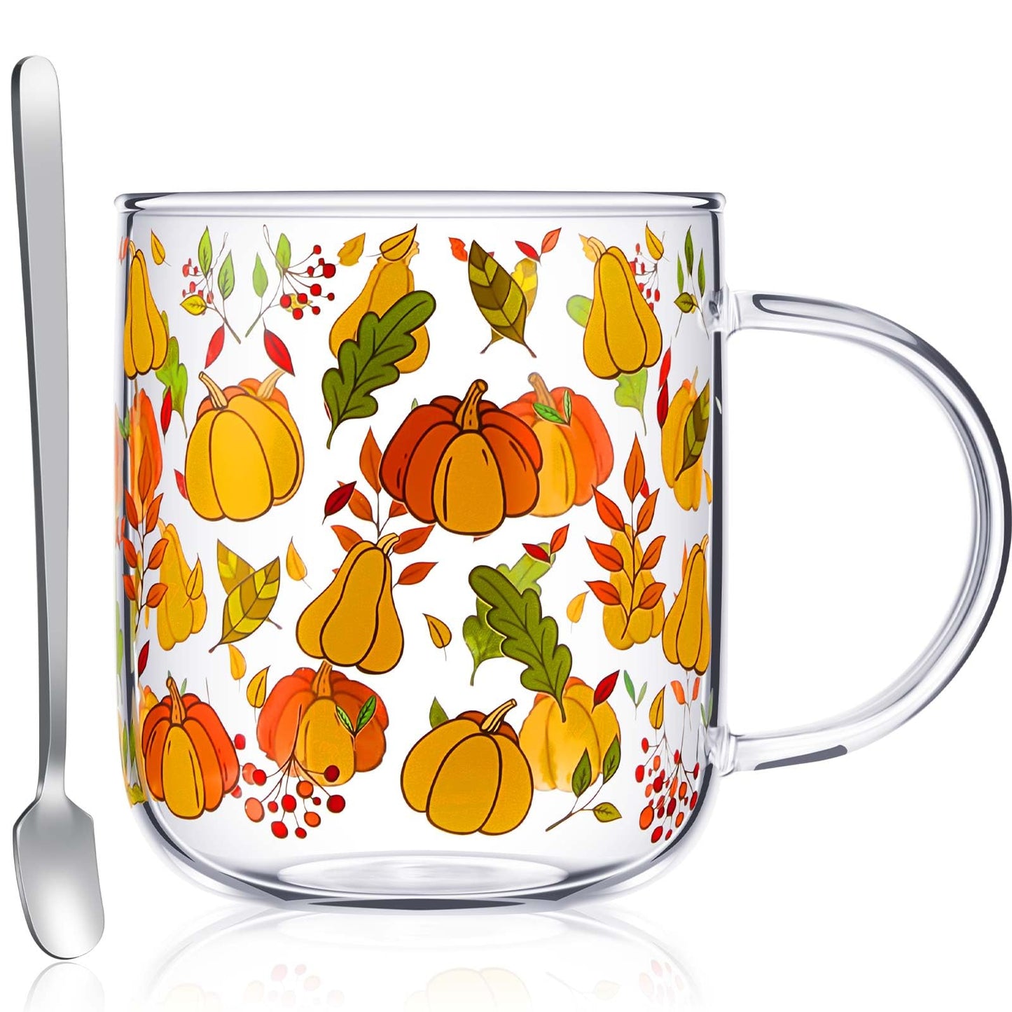 CHENGU Pumpkin Mug with Handle, 15 oz Clear Pumpkin Glass Cup Gift Fall Cup with Stainless Steel Spoon for Coffee Tea Milk Stuff Decor for Christmas Thanksgiving