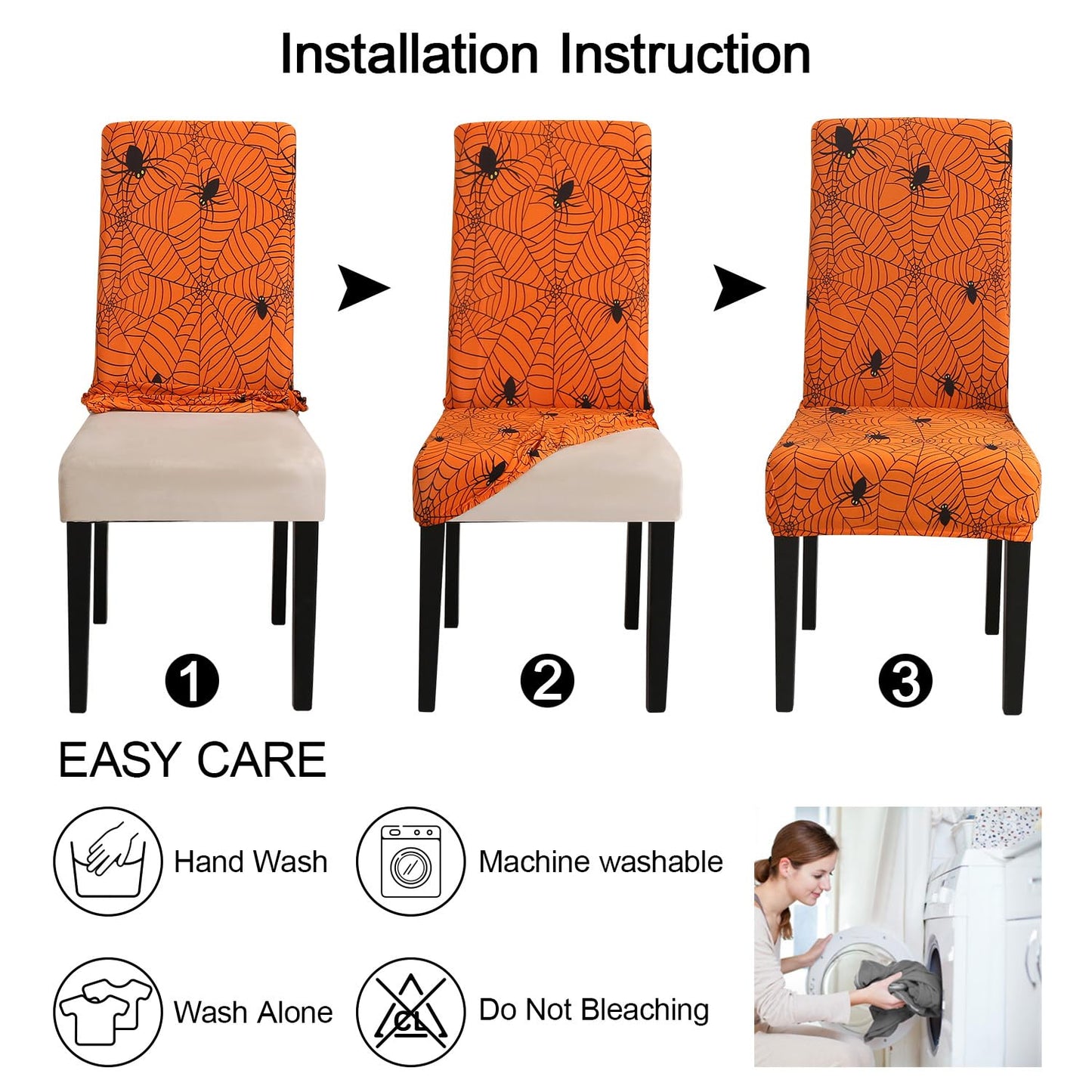 JQinHome Halloween Orange Dining Chair Slipcover, Spider Web Chair Covers Set of 4 ，High Stretch Washable Chair Protector Cover for Dining Room, Kitchen,Home Party,Wedding Ceremony(Orange, 4PC)