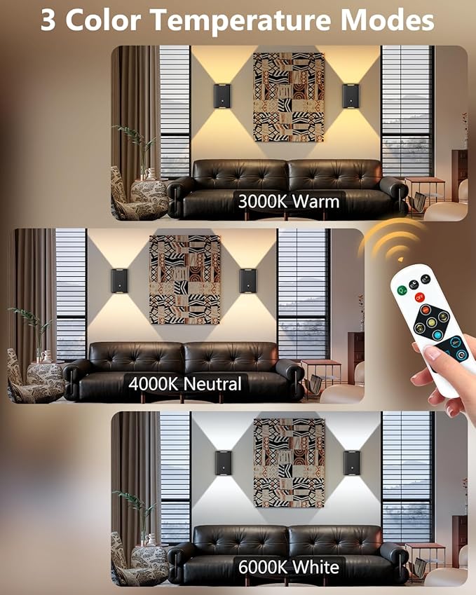 2 Pack Rechargeable Motion Sensor Wall Sconce – 5000mAh Wireless Battery Operated Wall Light, 3 Colors Up/Down Lighting Night Light with Remote Control for Indoor Stairs, Bedroom, Hallway (Black)