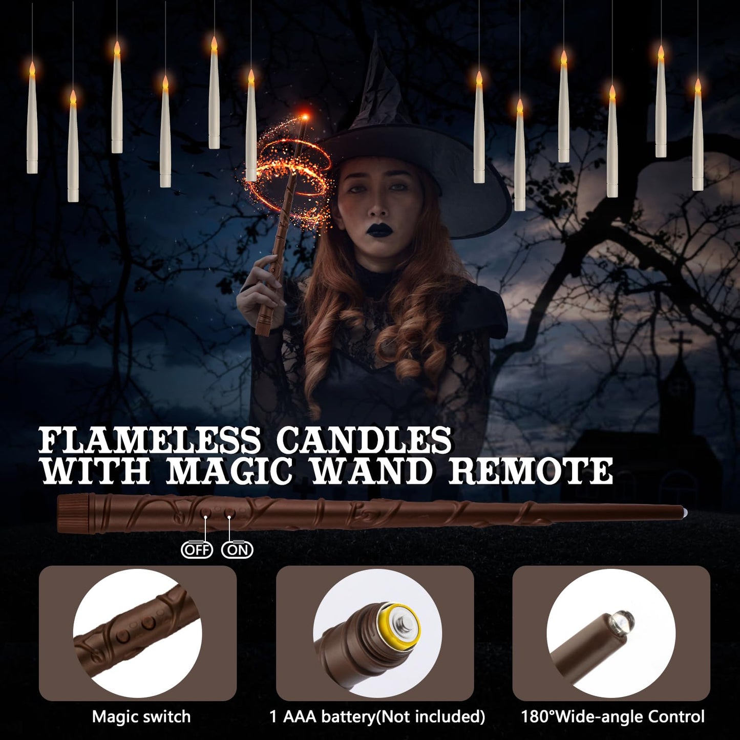 Floating Candles with Wand Remote, 20 Pcs Magic Halloween Hanging Candles, Flickering Warmer Light Flameless LED Candles with DIY Sticker, Battery Operated Halloween Decorations Gifts Indoor (20)