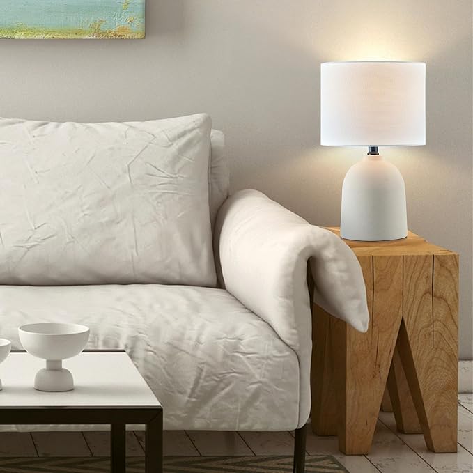 GLOBE Electric 61000142 15" Table Lamp, Ceramic, Light Concrete Finish, White Linen Shade, Rotary Switch on Socket, 5-Foot Clear Cord, Bedroom, Home Décor, Nightstand