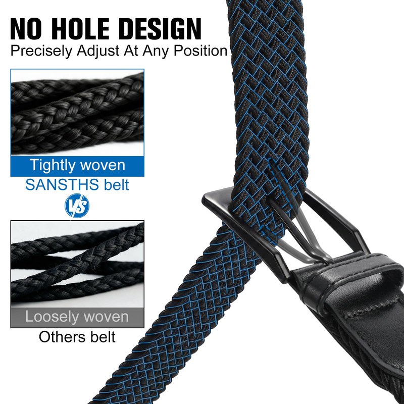 SANSTHS 2 Pack Stretch Braided Elastic Belt for Men, 1 3/8" Elastic Woven Belts Mens Stretch Belt for Casual Golf Jeans, 2 Pack – Blue White & Black