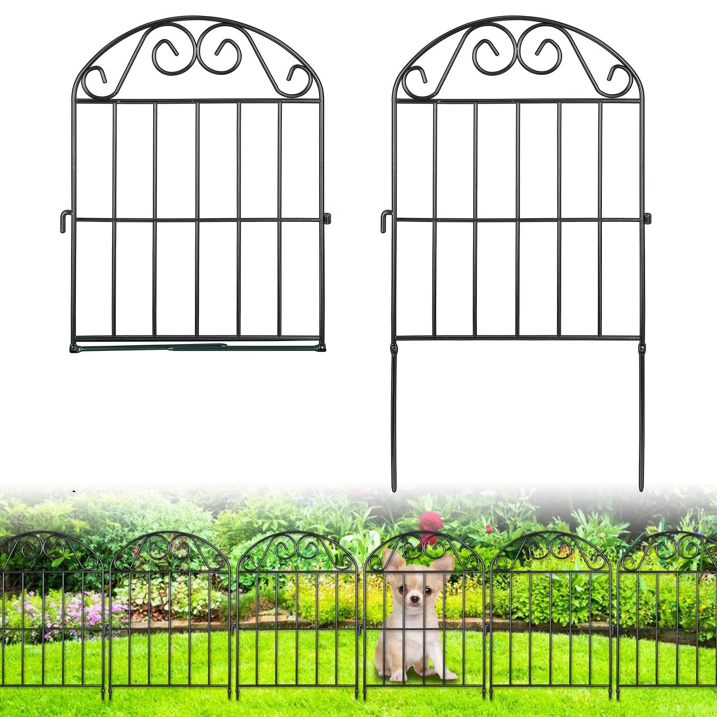 ADAVIN 24 Panels Collapsible Garden Fence Animal Barrier,24 Ft(L) x 24 in(H) Black Rustproof Metal Wire Panel Border for Dogs Rabbits, Flower Edging for Landscape Patio Yard Outdoor Decor, Arched