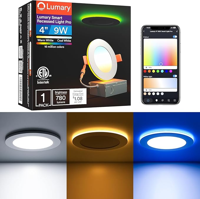 Lumary Smart Recessed Light Pro 4 Inch with RGB/Night Ring, 9W Smart LED Recessed Lighting, Compatible with Alexa & Google Assistant with Junction Box, ETL Listed,1 Pack