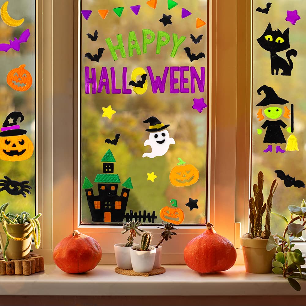 JOICEE 6pcs Halloween Gel Window Clings - Pumpkins Witch Bats Spider Window Decors