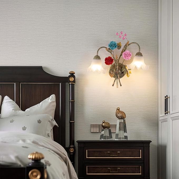 Vintage Floral Wall Sconce,Metal Wall Lamp with 2 Glass Lampshade,Mounted Wall Lamps for Bedroom Living Room Corridor Vanity Hallway E26 Wall Art Scones 48 * 42Cm