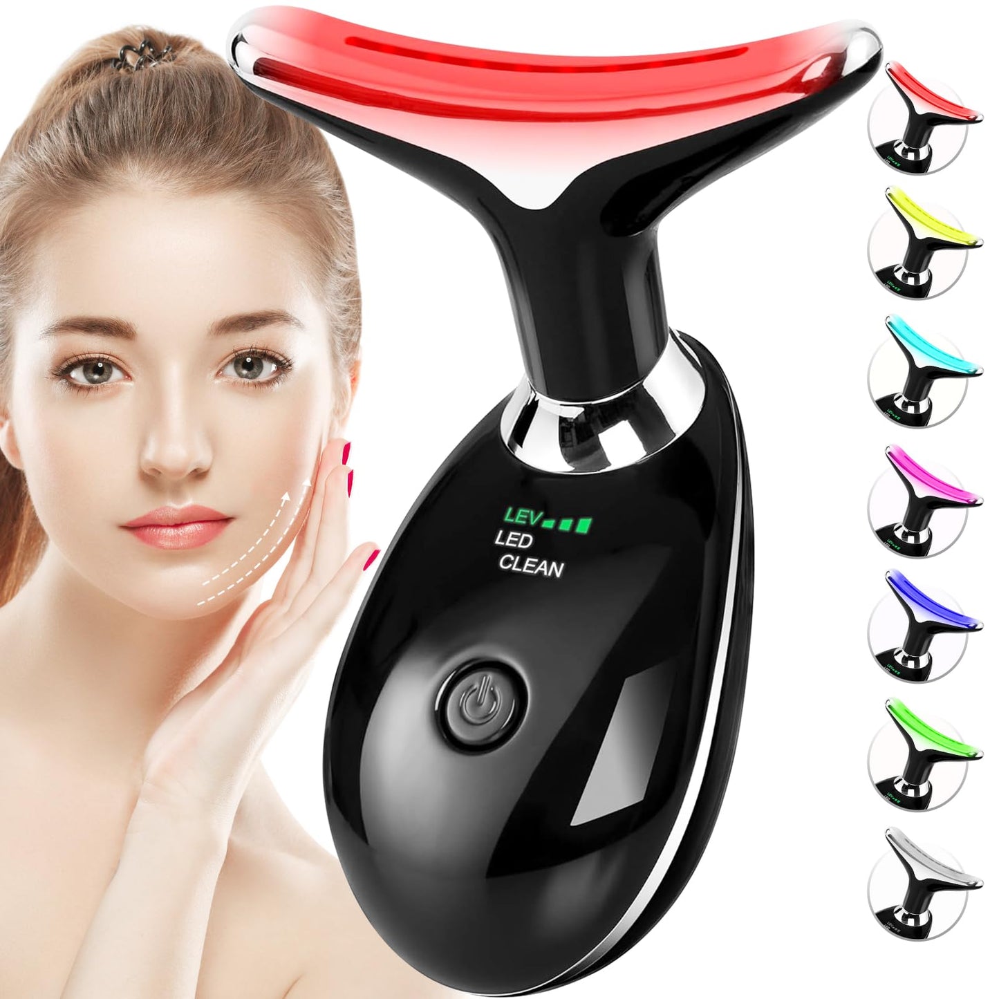Red-Light-Therapy-for-Face-and-Neck, 7 Color Face Massager Tool for Wrinkles, Double Chin, Vibrating Facial Massager with Thermals for Skin Care, Glossy Pink