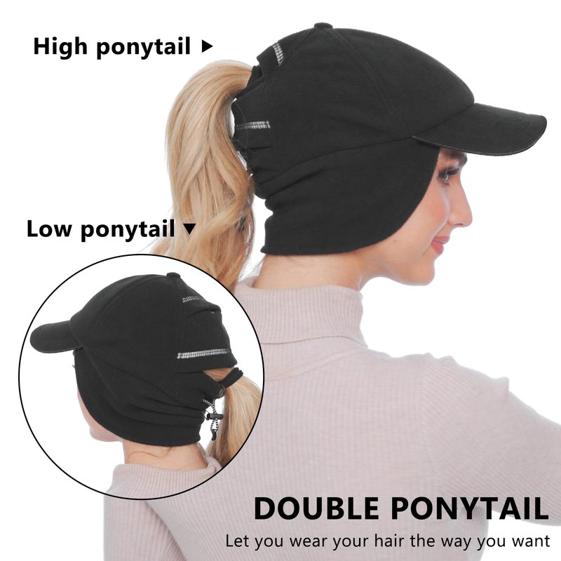 GADIEMKENSD Fleece Winter Hats for Women Reflective Ponytail Hat with Ear Flap Drop Down Ear Warmer Visor Beanie Double Ponytails Hole Baseball Cap for Running Skiing Workout Black