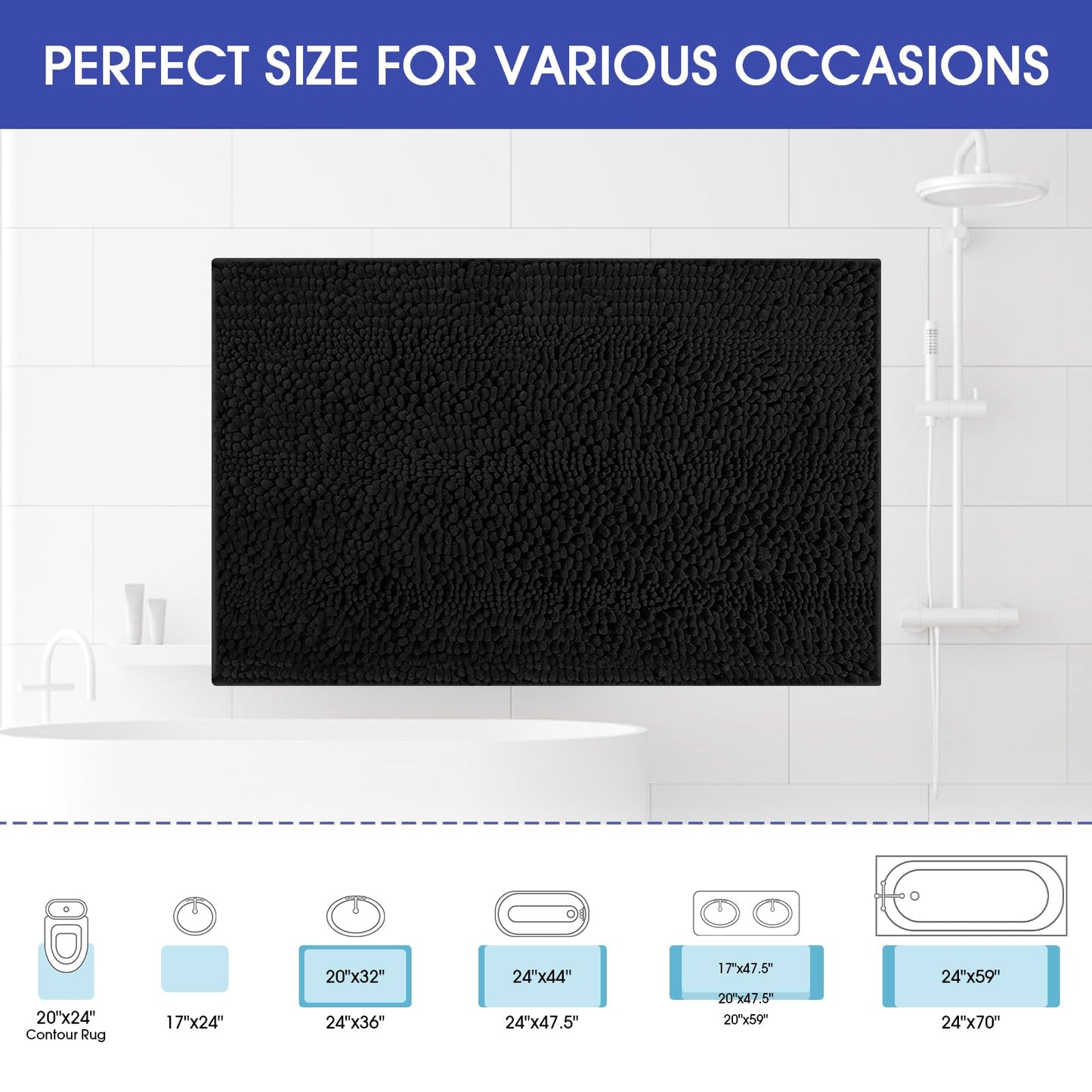 ACCUMTEK Striped Black Bathroom Rug Mat 32"x20" Ultra Soft, Non Slip Chenille Bath Rugs, Absorbent Plush Shaggy Bath Mats for Bathroom, Bedroom, Kitchen, Shower, Tub