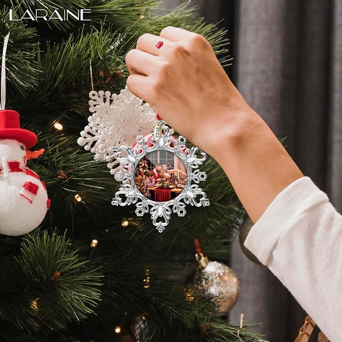 Laraine Christmas Tree Ornaments – Decorative Hanging 2025 Holiday Keepsake Gift Snowflake Pendant with 2” Photo Frame Insert for Picture of Pet (Snowflake Silver (2025))