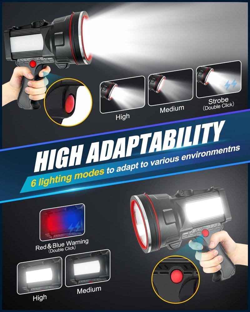Victoper Spotlight for Camping, 1500 Lumens Bright Handheld Spot Light, 12000 mAh Rechargeable LED Flashlight, 3+3 Modes 4 Colors Waterproof Spotlight Hunting Caving Camping Essentials Gear