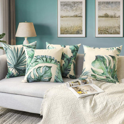 Artscope Set of 4 Decorative Cushion Covers 45x45cm, Tropical Plants Waterproof Throw Pillow Covers, Perfect to Outdoor Patio Garden Bench Living Room Sofa Farmhouse Decor