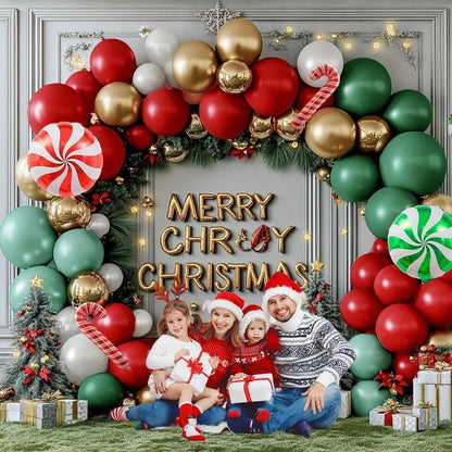Christmas Balloon Arch Kit, Double Stuffed Red Green White Pearl Balloon Garland Sage Green Red Gold Balloons With Candy Cane Balloons for Christmas Birthday Xmas Santa Holiday New Year Party Decor