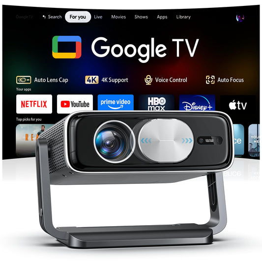 Smart 4K Projector [Bundled with Google TV Stick] with WiFi and Bluetooth, 2500ANSI, Auto Lens Cap, Portable Outdoor Movie Projector with Built-in Apps Auto Focus for Ceiling/Home Theater/Bedroom