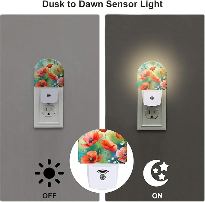 Watercolor Red Poppies Flower Night Light, Abstract Colorful Floral Dusk to Dawn Night Light Plug in,0.5w Energy Saving Sleep Friendly NightLight for Kids Boys Girls Home Decor
