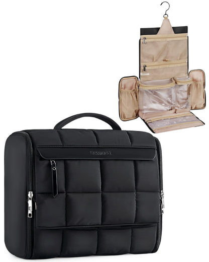 BAGSMART Travel Toiletry Bag, Extra Large Full-open Hanging Toiletry Bag for Women, Puffy Cosmetic Makeup Bag Organizer with Handle for Accessories, Essentials, Toiletries (Black 13''L)