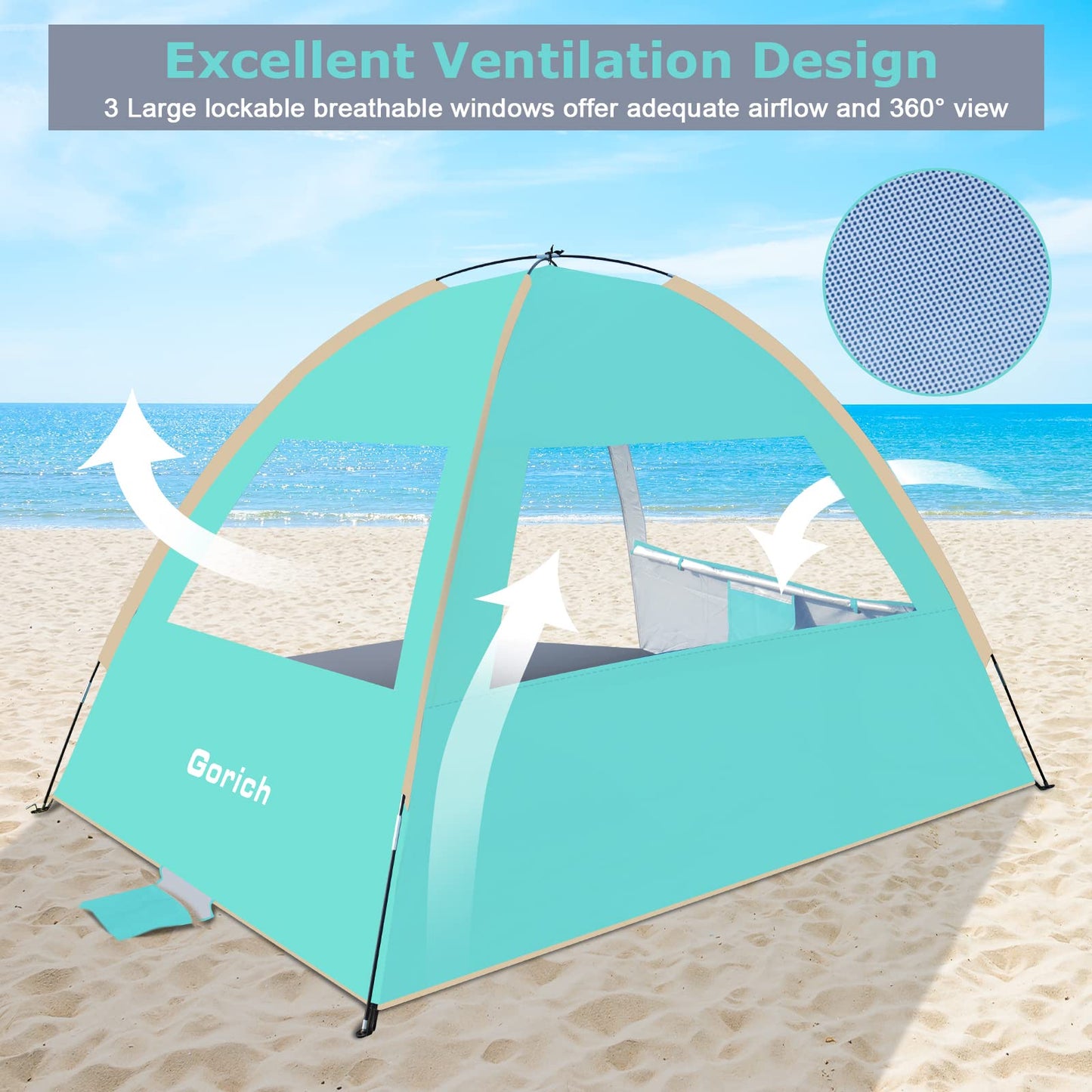 Gorich Beach Shade Tent for 3 Person with UPF 50+ UV Protection, Portable Sun Shelter Canopy, Lightweight & Easy Setup Cabana Beach Tent