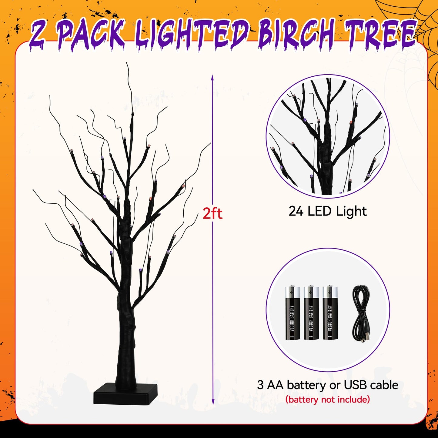 encavy Halloween Decorations Indoor,2 Pack 2FT Birch Tree with 24 Orange and Purple LED Lights,Black Spooky Halloween Tree for Holiday Party,Tabletop Decor for Home,Office,Christmas,Fireplace,Mantle