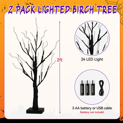 encavy Halloween Decorations Indoor,2 Pack 2FT Birch Tree with 24 Orange and Purple LED Lights,Black Spooky Halloween Tree for Holiday Party,Tabletop Decor for Home,Office,Christmas,Fireplace,Mantle