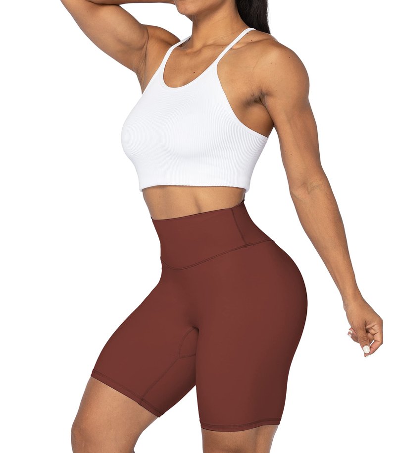 Sunzel 8" High Waist Biker Shorts for Women No Front Seam Soft Yoga Workout Gym Bike Shorts Tummy Control Squat Proof Wine Red