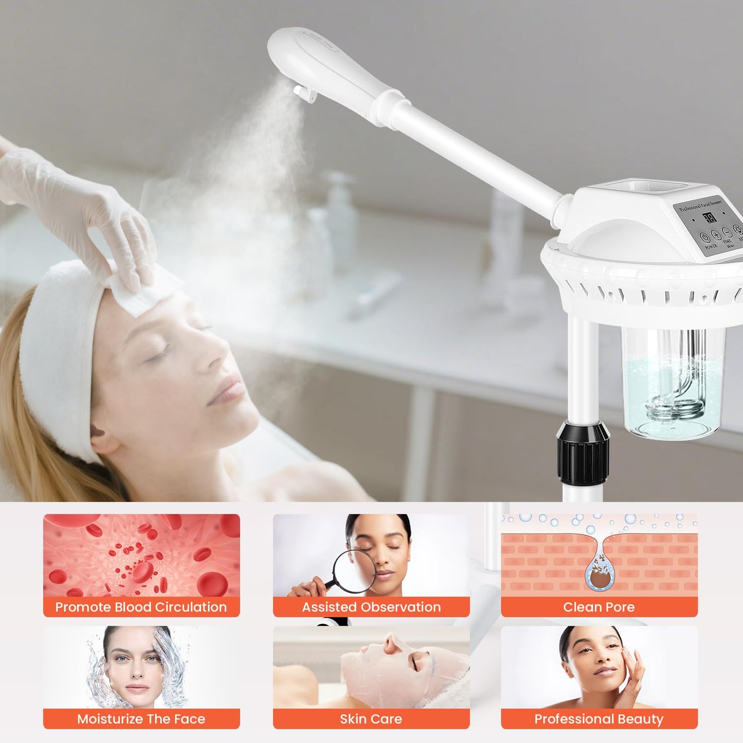Professional Facial Steamer on Wheels, Facial Steamer for Facial Deep Cleaning, Facial Humidifier for Spa, Adjustable Height for Spa, Salon and at Home Use
