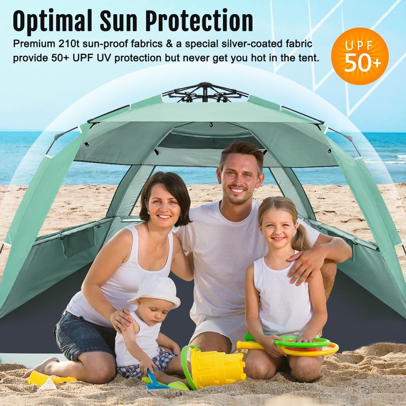 WhiteFang Deluxe XL Pop Up Beach Tent Sun Shade Shelter for 3-4 Person, UV Protection, Extendable Floor with 3 Ventilating Windows Plus Carrying Bag, Stakes, and Guy Lines (Mint Green)