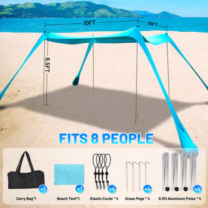 BOTINDO Family Beach Tent Canopy Sun Shade, Pop Up Grande Beach Tent Sun Shelter Stability 4 Poles with Portable Carry Bag Outdoor Shade for Fishing Backyard Camping (Turquoise, 10x10FT 4Pole)