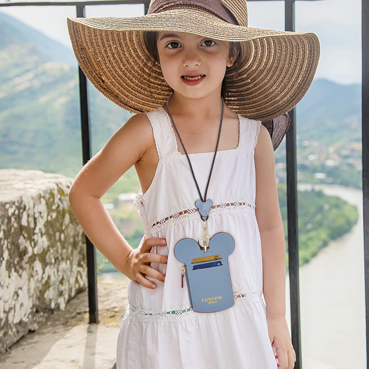 BUUFAN Chic Cute Travel PU Leather Student ID Card Holder Lanyard Neck Pouch Bag With Coin Wallet Purse for Students Women Kids Teens Girls (Blue)