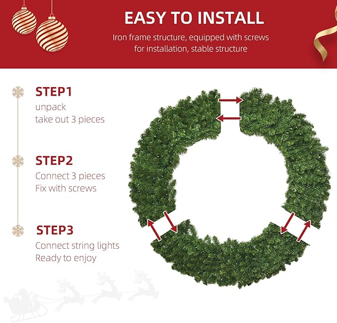 48in Large Christmas Outdoor Wreath - HOYECHI Lighted Wreaths Holiday Decor, Outdoor Wreath with 210 Colorful LEDs,714 PVC Tips, Metal Hook, 9 Functions, Timer, Power Plug-in, Remote Controls