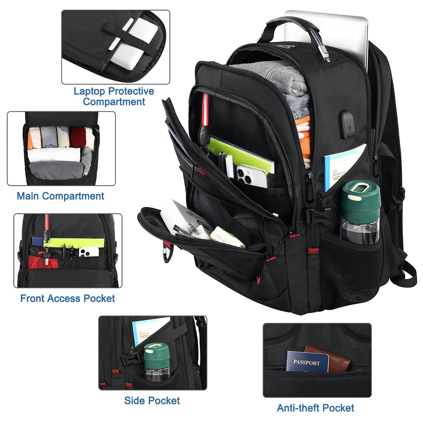 Z-MGKISS Travel Laptop Backpack, 52L Extra Large Backpack for Men, Overnight Backpack, TSA Flight Rucksack 17.3 Inch, Anti-Theft Work Bag with USB Port, Big Computer Bag for College & Business, Black