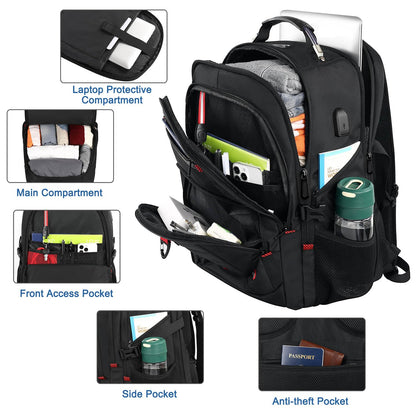 Z-MGKISS Travel Laptop Backpack, 52L Extra Large Backpack for Men, Overnight Backpack, TSA Flight Rucksack 17.3 Inch, Anti-Theft Work Bag with USB Port, Big Computer Bag for College & Business, Black