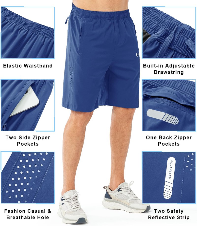 NORTHYARD Men's Athletic Running Shorts Gym Workout 7"/9"/5" Quick Dry Lightweight Sports Basketball Tennis 3 Zipper Pockets ROYALBLUE-9inch L