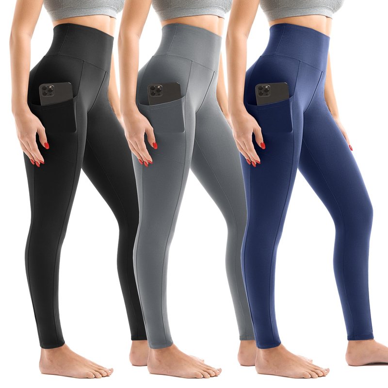 Leggings with Pockets for Women 3 Pack, High Waist Womens Leggings (Black/Grey/Navy SM)