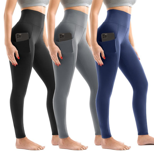 Leggings with Pockets for Women 3 Pack, High Waist Womens Leggings (Black/Grey/Navy SM)