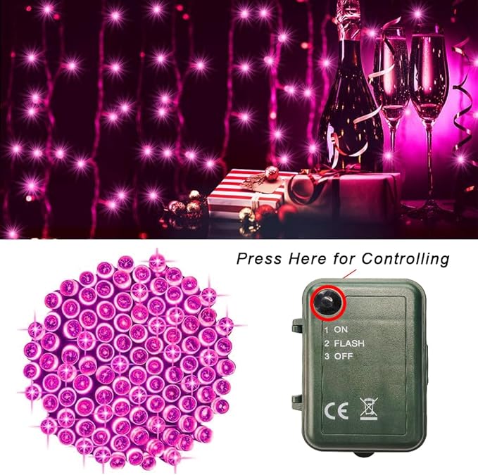 Pink String Lights Battery Powered, 4 Pack Total 66.6 FT 200 LED Christmas String Lights Indoor Outdoor Decoration, Twinkle Fairy Light for Halloween Home Party Room Garden Decoraiton