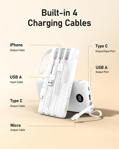 VEEKTOMX Portable Charger Built-in Cables,10000mAh Power Bank for iPhone,Fast Charge USB C Battery Pack Travel Essentials Powerbank Compatible with iPhone 17/16/15/14, Samsung S25/24, Android, etc
