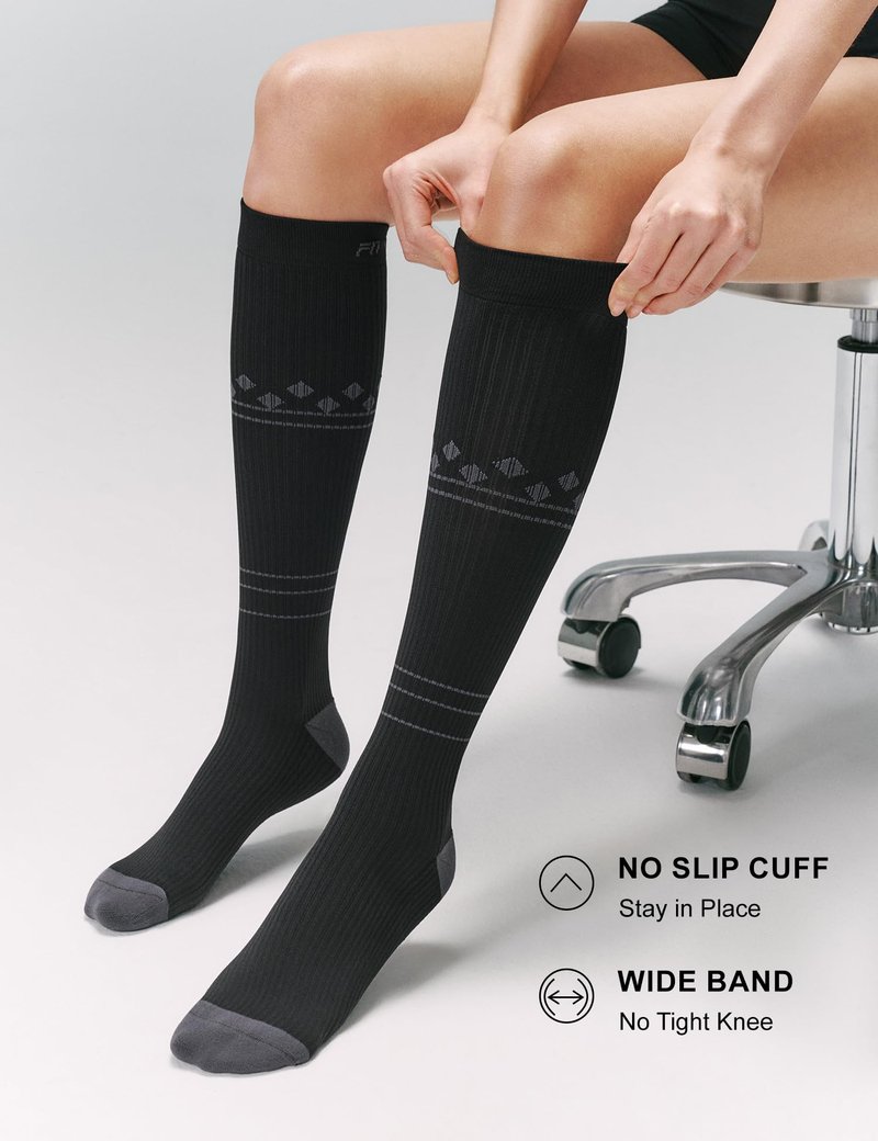 FITRELL 3 Pairs Compression Socks for Women and Men 20-30mmHg- Muscle Support Socks for Travel, Running, Nurse, Knee High, Blackstar, Black+White+Grey L/XL
