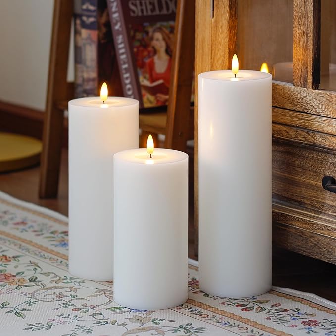 4" x12" Flameless Flickering Remote White Candles with Candle Grease and Timer, LED Battery Operated Fake Real Wax 3D-Wick Pillar Candles, Pack of 1