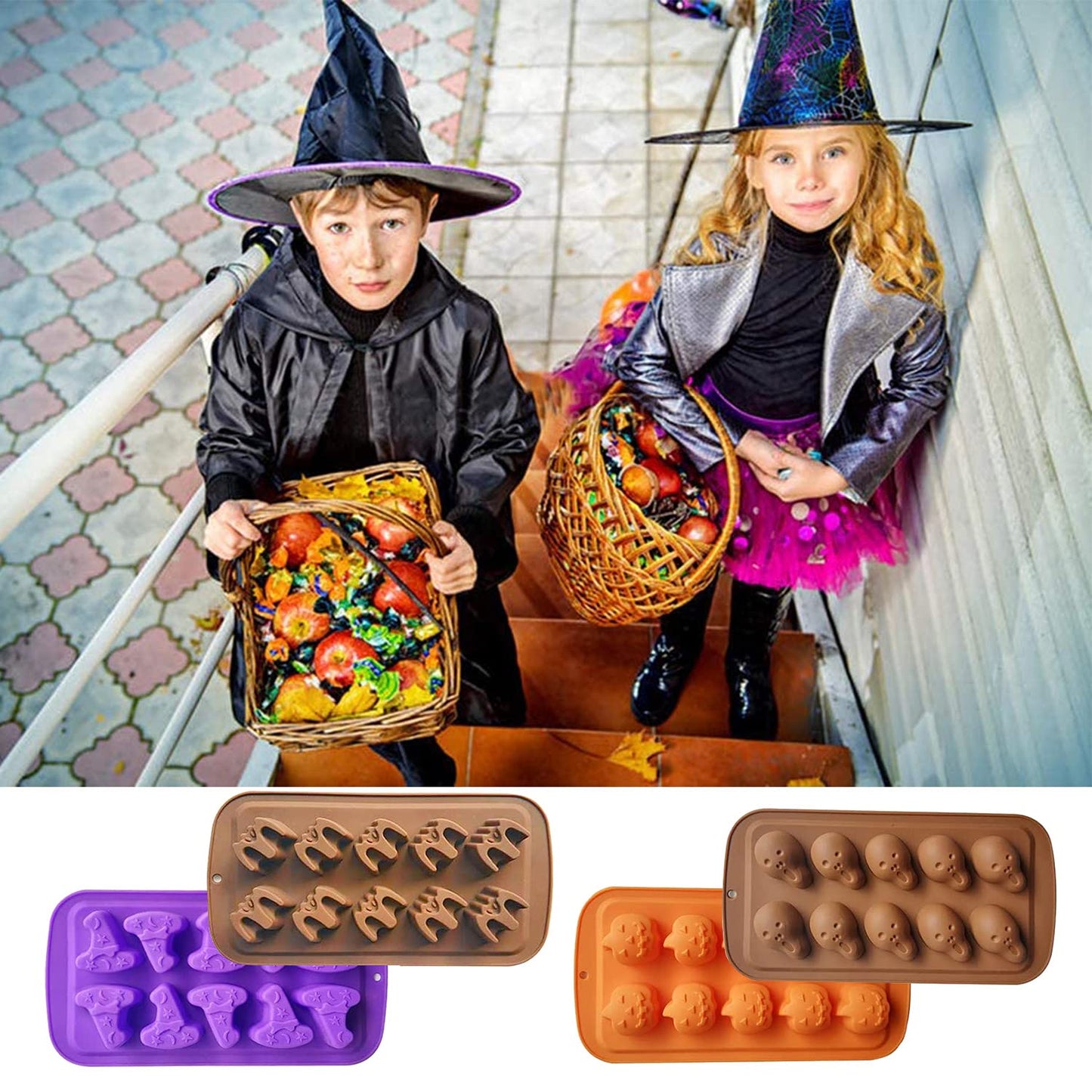 4 Pack Halloween Silicone Baking Molds，Pumpkin Skull Bat Wizard Hat Shape Cake Mold Chocolate Gummy Molds Ice Tray Cake Decor for Halloween Party Decorations Kitchen DIY Baking Tools