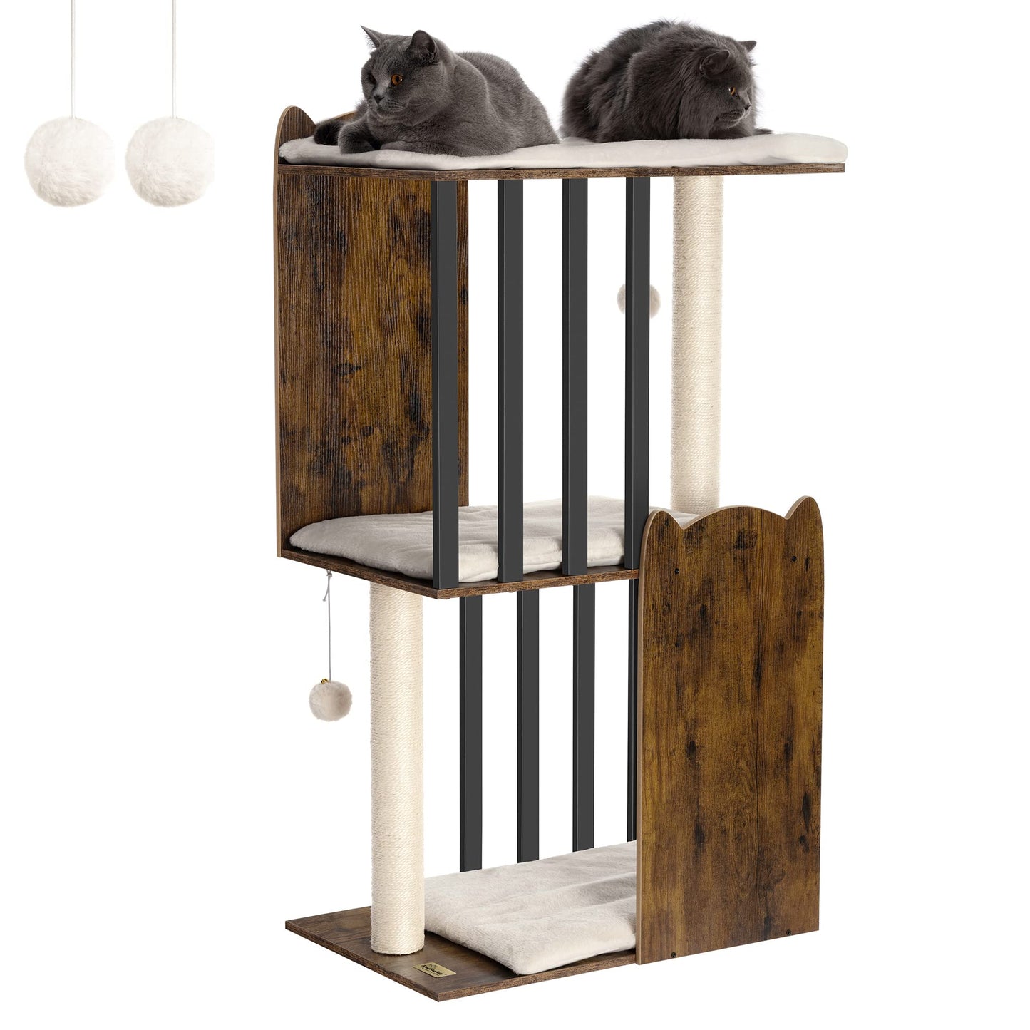 FourFurPets 43.8in 3-Tier Modern Cat Tree Tower Condo, Cat Scratch Posts for Indoor Cats, Big Plate, Two 19.7in Full Sisal Scratching Posts, Rustic Brown