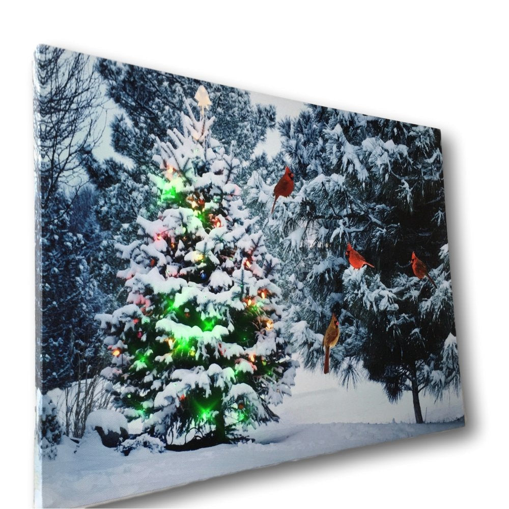 BANBERRY DESIGNS Lighted Holiday LED Wall Art - LED Cottage Along a Stream Christmas Scene with Cardinals and Snowman - Set of 2 - Old Fashioned Cobblestone Bridge - Measures 11.75" x15.75"