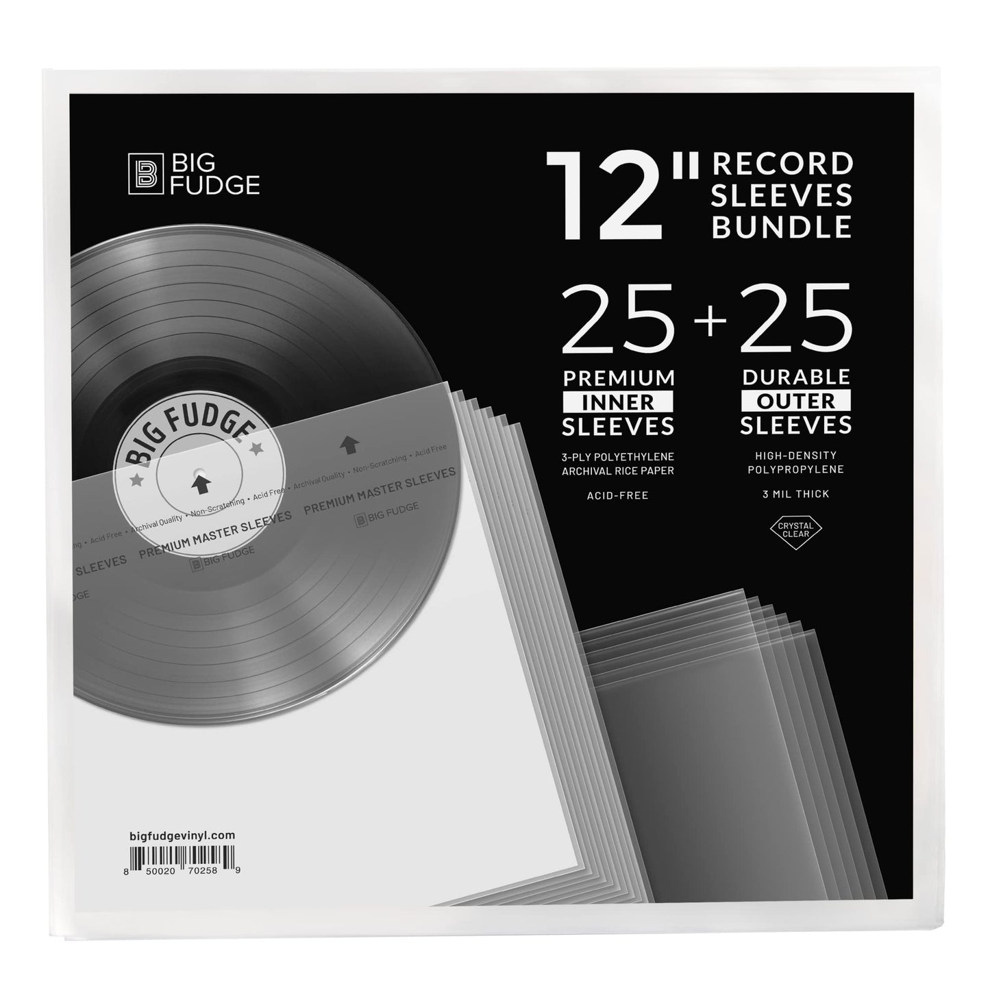 BIG FUDGE Vinyl Record Inner & Outer Sleeve Bundle - 12" x 25pcs High-Density Polypropylene Outer Sleeve Album Covers & 12" x 25pcs Archival Anti-Static Rice Paper LP Inner Sleeves