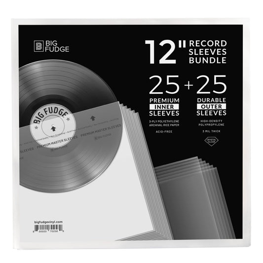 BIG FUDGE Vinyl Record Inner & Outer Sleeve Bundle - 12" x 25pcs High-Density Polypropylene Outer Sleeve Album Covers & 12" x 25pcs Archival Anti-Static Rice Paper LP Inner Sleeves