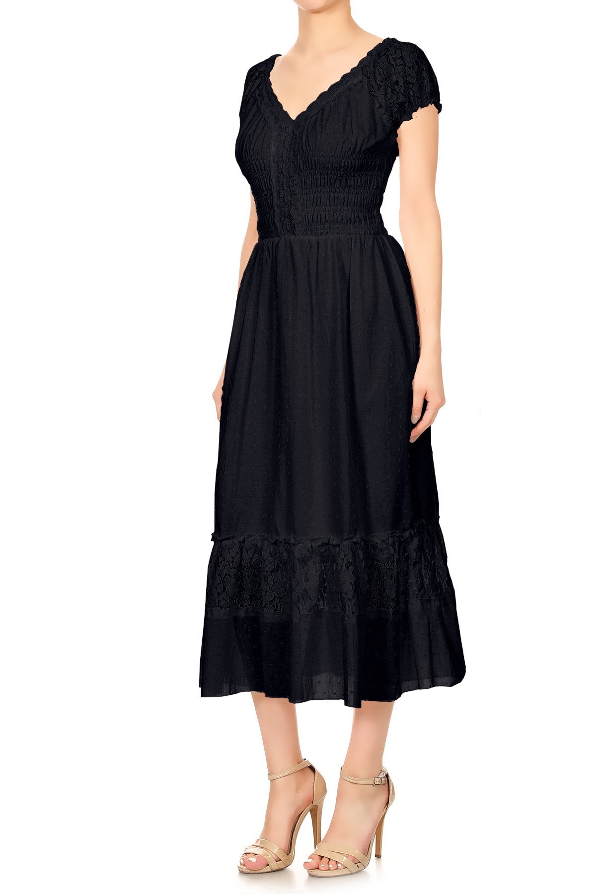 Anna-Kaci S/M Fit Peasant Maiden Boho Inspired Cap Sleeve Lace Trim Dress Black Medium, Black, Medium