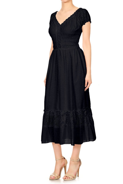 Anna-Kaci S/M Fit Peasant Maiden Boho Inspired Cap Sleeve Lace Trim Dress Black Medium, Black, Medium