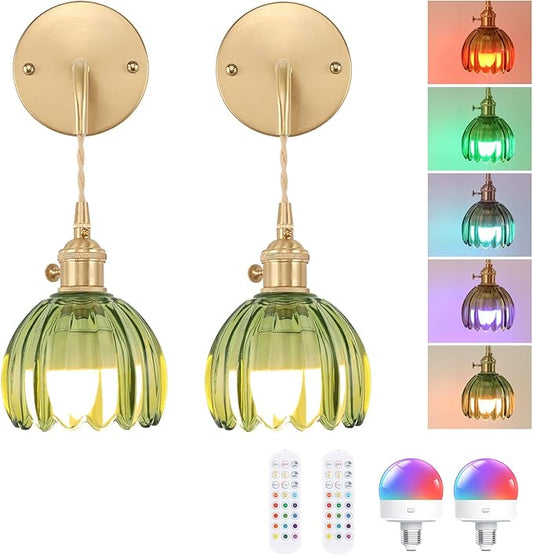 Battery Operated Wall Sconce with Green Tulip Shade Pattern Glass Adjustable Chain Retro Gold Wall Mounted Light, Modern Wall Decor for Bedside Bedroom Indoor Doorway， Set of 2