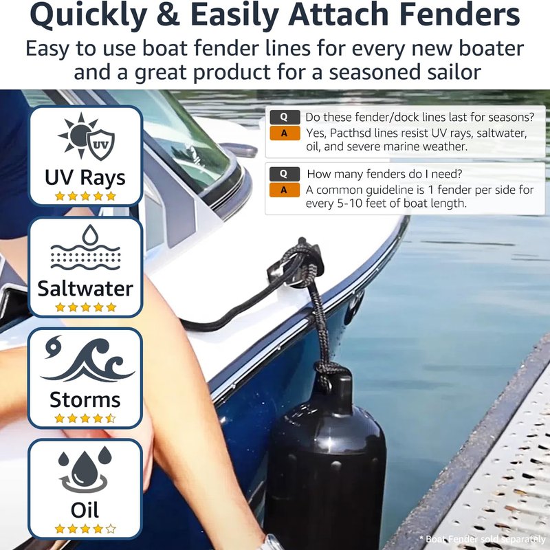 PACTHSD 1/2" x 8' Boat Fender Lines (4-Pack) - Double Braided Nylon Dock Lines for Boats - Marine Grade Fender Ropes with 10" Eye Loop - Soft, Durable Boat Accessories for Pontoon and Small Boats